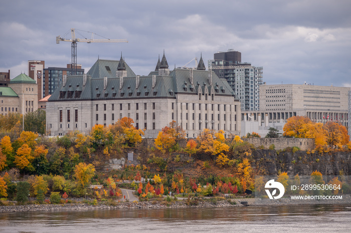 View of Supreme Court and Parliament buildings on Parliamnet Hill in Ottawa, Ontario.