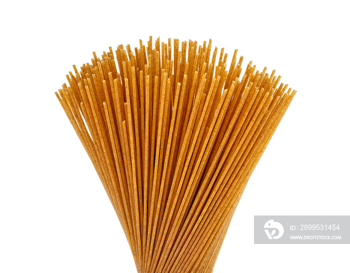 Bunch of whole-grain spaghetti tied with rope, isolated on a white background.