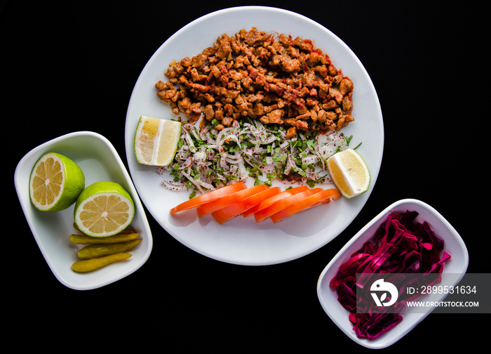 Flat lay view of tantuni kebab in a plate