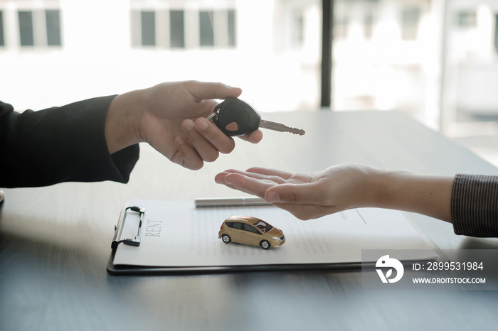 The car dealer provides advice on loans, insurance details, and car rental information, and delivers the car with the keys after the rental contract is signed