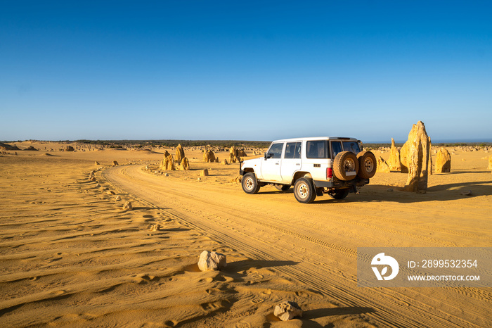 Four-wheel-drive car on Pinnacles Drive, dirt road in Pinnacles Desert, Nambung National Park, Western Australia., Australia.