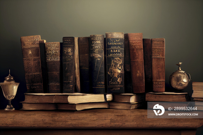 Old book shelf antique books. Vintage nostalgic still life