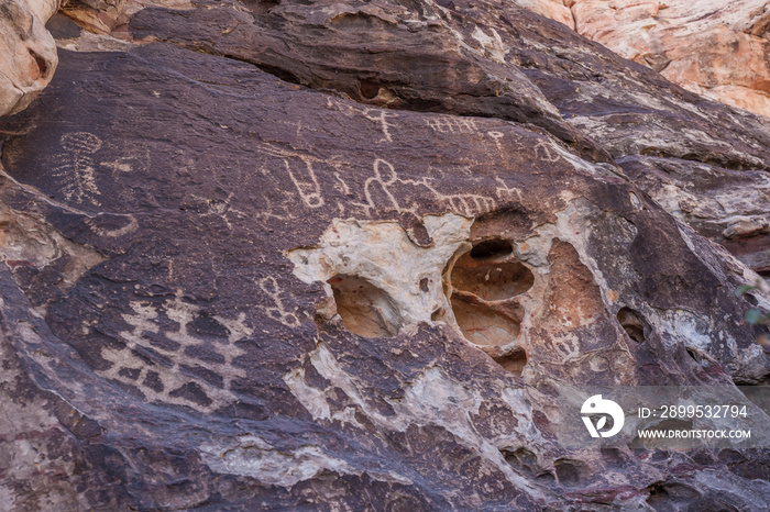 Petroglyphs on the rock in Red Rock Canyon National Conservation Area in Nevada, USA.