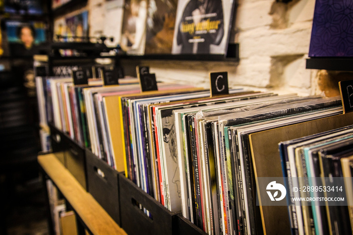 Vinyl shop in Kiev, Ukraine. Collection of LP vinyl records for sale in music shop in Kiev, Ukraine