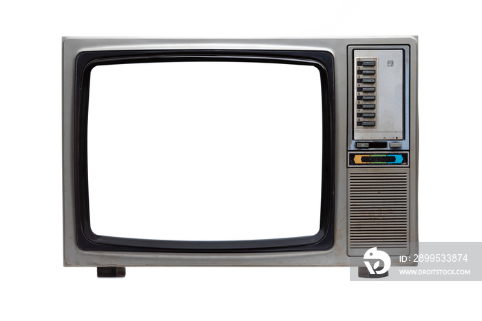 Vintage TV with white blank screen isolated on white background .