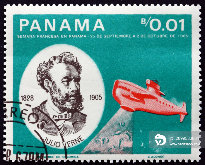 Postage stamp Panama 1966 Jules Verne and submarine