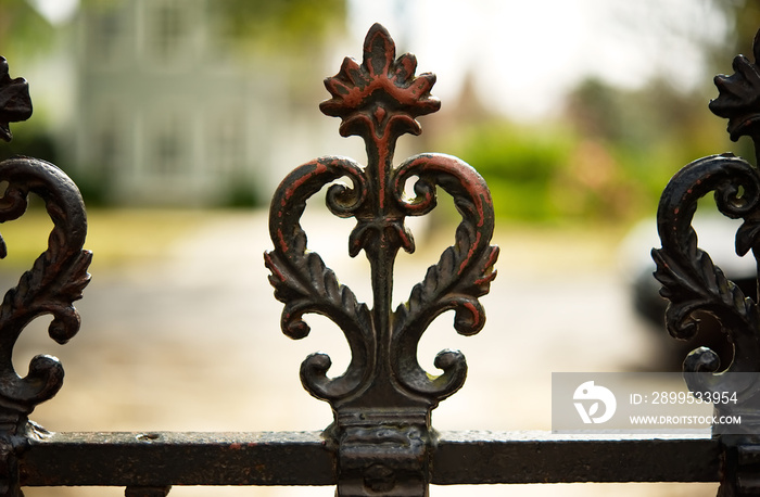 A closeup of the top of a wrought iron fence.