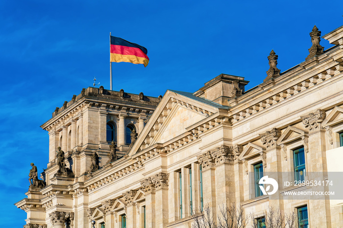 Reichstag building architecture with German Flag in Berlin city center