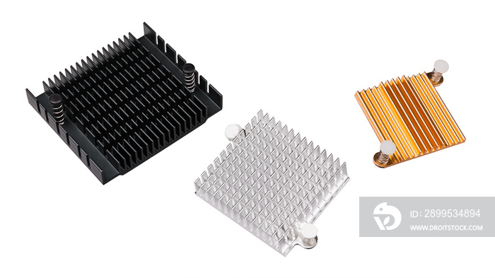 Three metal heatsinks of anodized aluminum isolated on white background. Closeup of coolers for remove waste heat of computer and electronic devices as integrated circuits, chipsets or graphics cards.