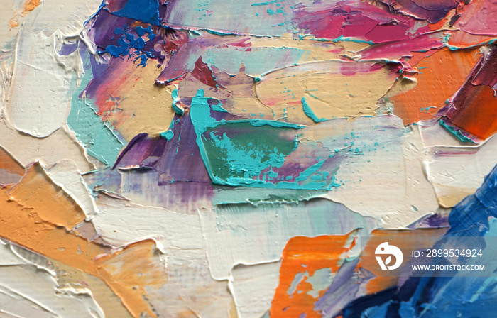 Fragment. Multicolored texture painting. Abstract art background. oil on canvas. Rough brushstrokes of paint. Closeup of a painting by oil and palette knife. Highly-textured, high quality details.