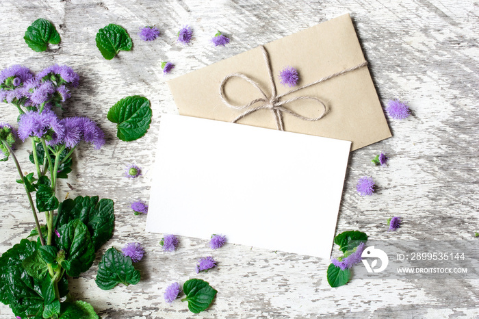 Blank white greeting card and envelope with purple wildflowers