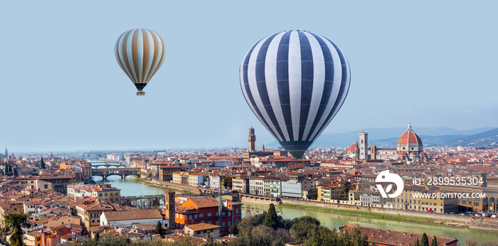 Panoramic view of Cathedral Santa Maria del Fiore with hot air balloon - Florence, Italy