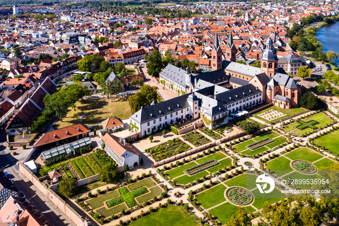 Aerial view; Convent garden with St. Marcellinus and Petrus basilica, former Benedictine abbey Seligenstadt, Hesse, Germany,