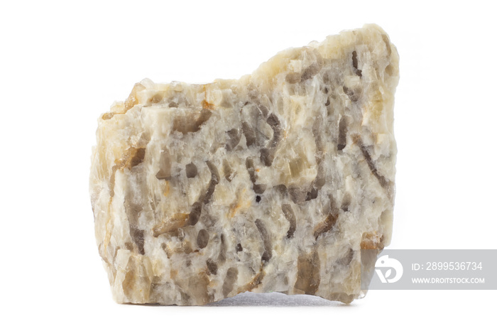 Rough rock of Albite mineral from Brazil isolated on a pure white background.