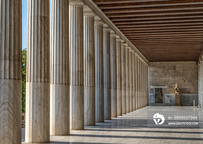 Ionic columns inside stoa of Attalos, ancient agora of Athens before sunset