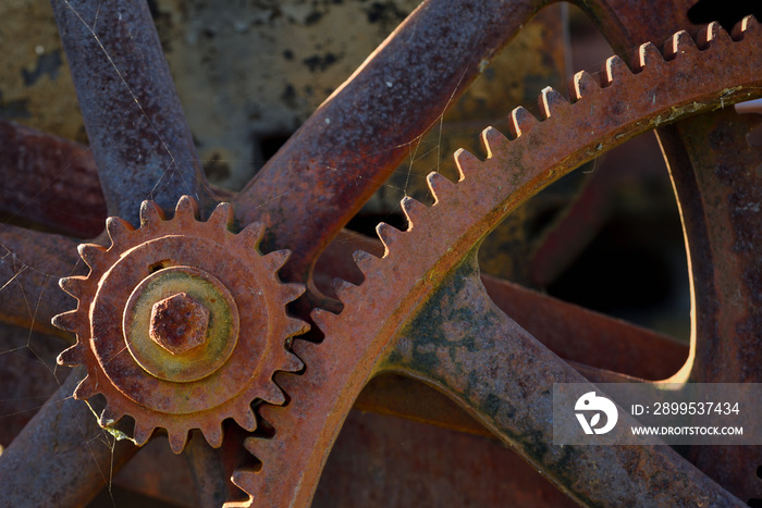 Rusty gears, some of which have dust or cobwebs hanging on them, against a dark background