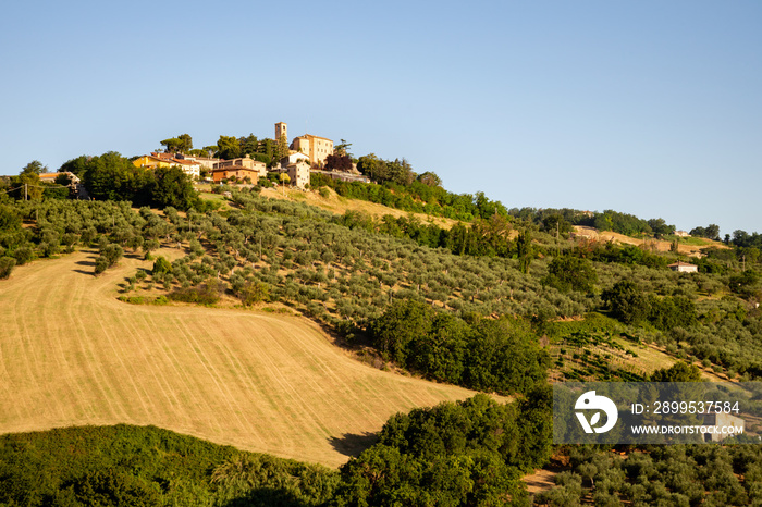 A view of Montegridolfo, an antique village in the Emilia-Romagna region of Italy. Cultivated fields on the hillside, under the first rays of sunlight, just after the dawn.