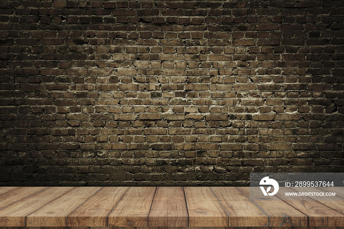 Wood table top old room brick wall