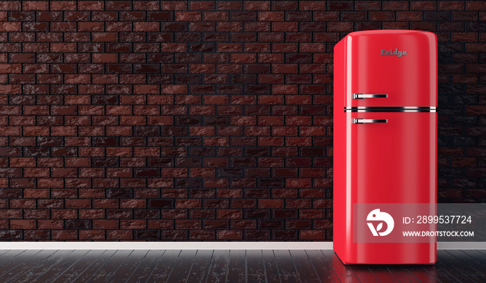 red fridge fire extinguisher on brick wall and wood floor