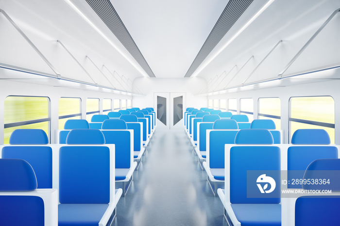 Train interior with blue chairs