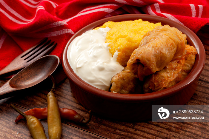 Eastern European recipes and traditional cuisine concept with cabbage rolls (Serbian: sarma or Romanian: sarmale) stuffed with meat, rice and vegetables on rustic wooden table