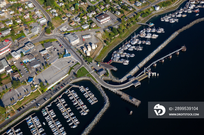 Aerial view of the Port in Powell River during a sunny summer day. Located in Sunshine Coast, BC, Canada.