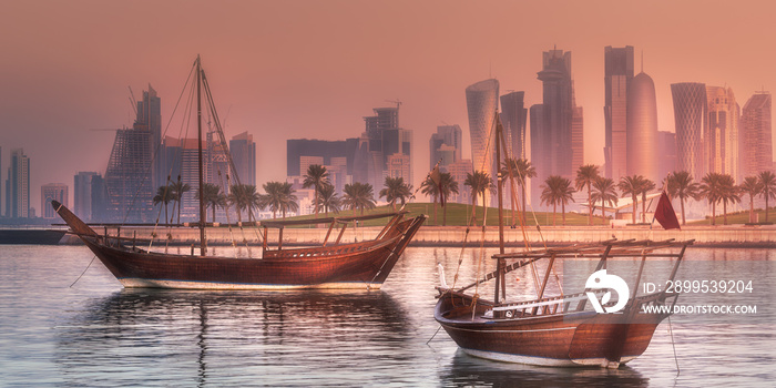 Traditional Arabic Dhow boats in Doha harbour