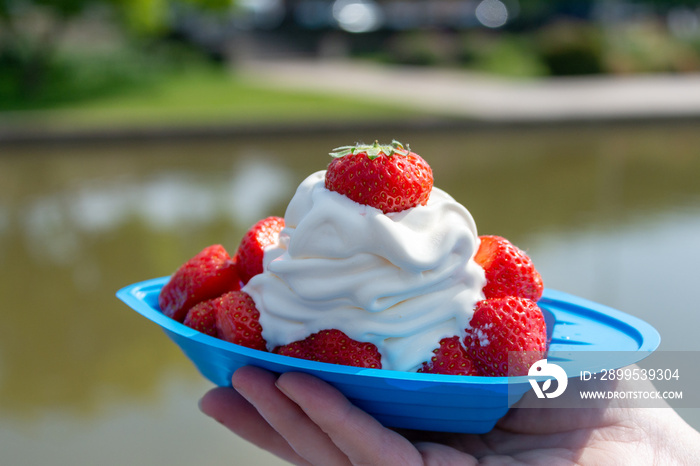 ice cream and strawberries served outdoors for for typical English desert at Wimbledon and on the Thames RIver