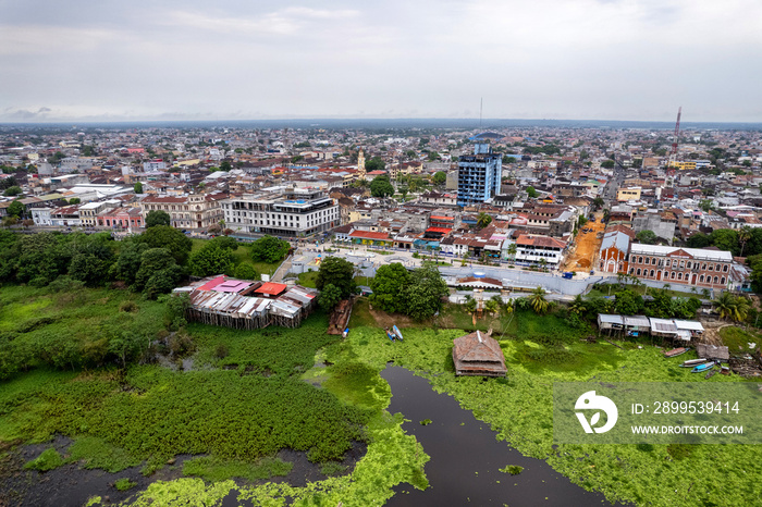 Aerial view of Iquitos, Peru, also known as the Capital of the Peruvian Amazon.  It is also the largest city in the world that is not reachable by road.