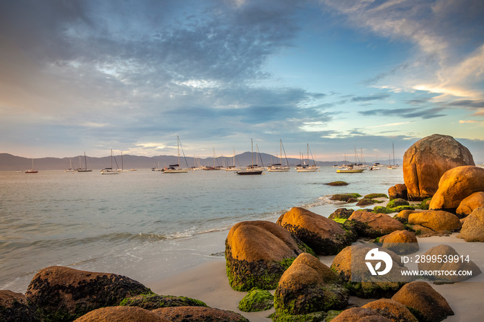 Boats and sailboats in Jurere beach Florianopolis, Brazil