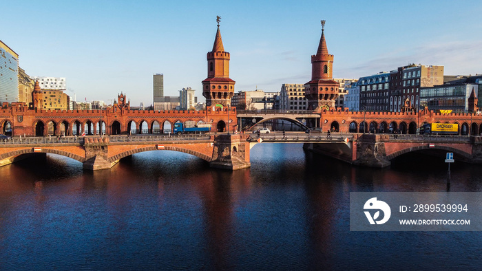 Beautiful Oberbaum Bridge over River Spree in Berlin from above - aerial view - urban photography