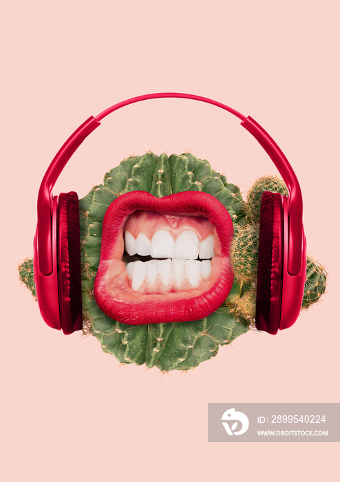 Prickly sound. Specific is not strange music taste. Green juicy cactus as a meloman head with big scratching and creaking mouth, red lips and headphones. Modern design. Contemporary art collage.