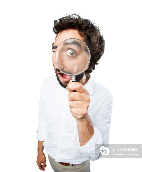 young funny man with magnifier. surprise expression