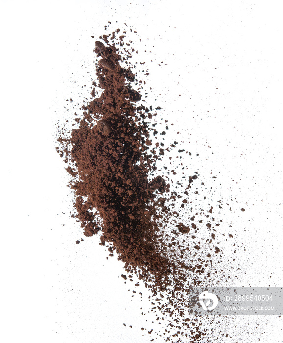 Coffee powder and coffee beans splash or explosion flying in the air