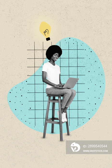 Vertical collage image of black white effect girl sit chair use netbook painted light bulb bright idea isolated on painted background