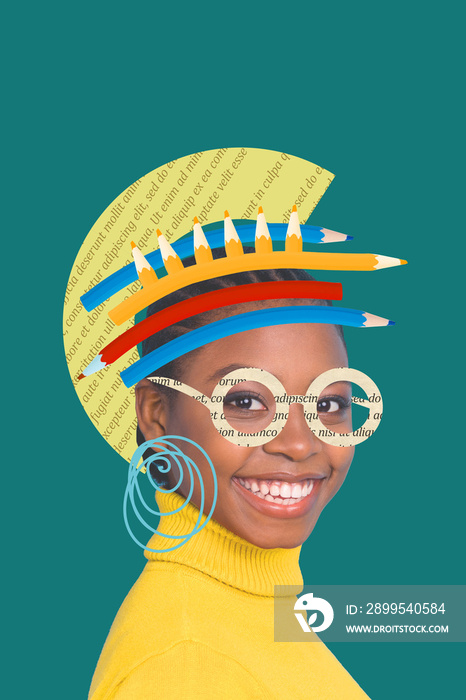 Creative abstract template collage of funny attractive awesome pretty young woman caricature doodle pencil hat text glasses reader earrings