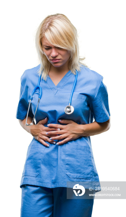 Young beautiful blonde doctor woman wearing medical uniform over isolated background with hand on stomach because nausea, painful disease feeling unwell. Ache concept.