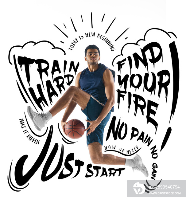 Artwork. Sportive african-american man, male basketball player in motion and action with ball isolated on white background with lettering, graphics