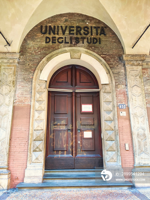 Bologna University, rectorate building main entrance, Poggi palace, Zamboni street, Bologna, Italy