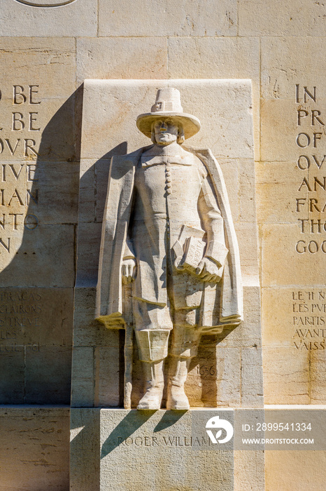 Front view of the stone statue to Roger Williams on the Reformation Wall in Geneva, Switzerland, a figure of Protestantism in New-England.