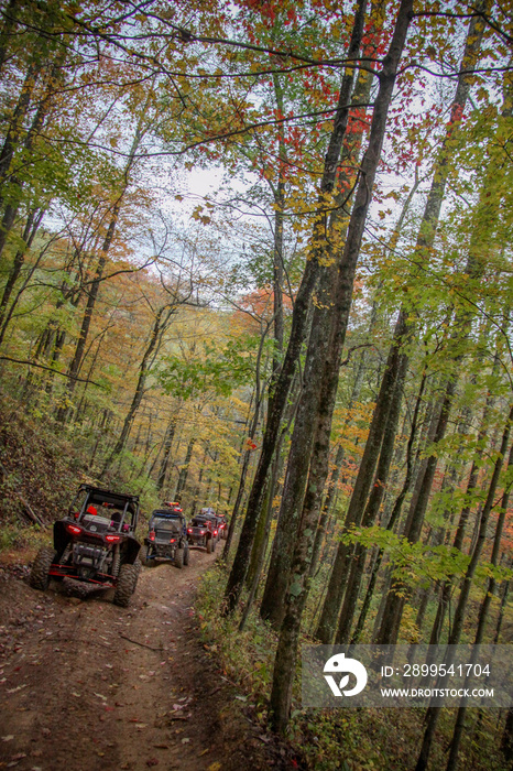 Traveling through the wooded trails in Tennessee a string of utv’s cruise