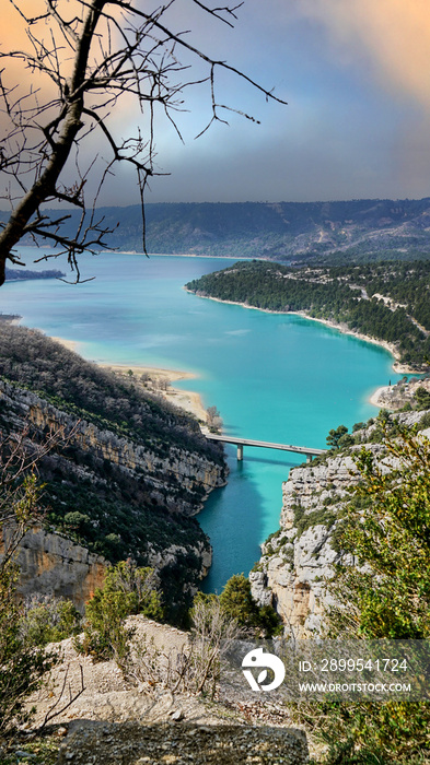 View on Guadalest water reservoir with turquoise water in Alicante province Spain