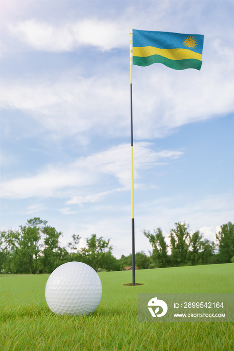 Rwanda flag on golf course putting green with a ball near the hole