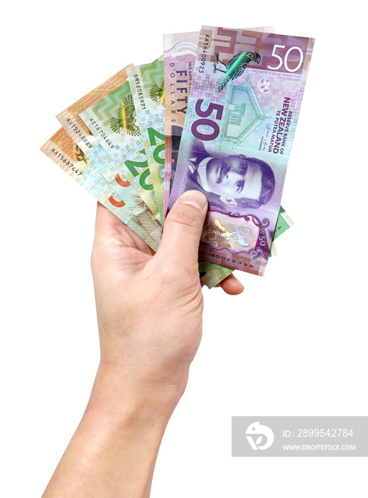 Hand holding New Zealand banknotes. Transparent PNG