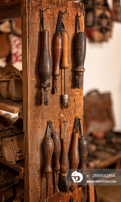 Traditional leather making tools in the studio