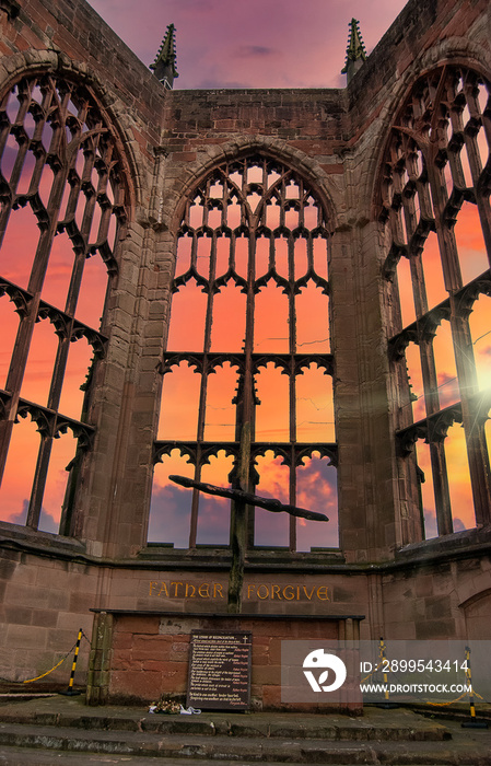 Sunrise at the ruins of Coventry Cathedral in the West Midlands, UK