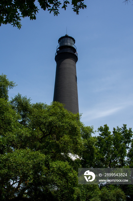 Only the top half of the Tower of the Pensacola Light appearing over green trees