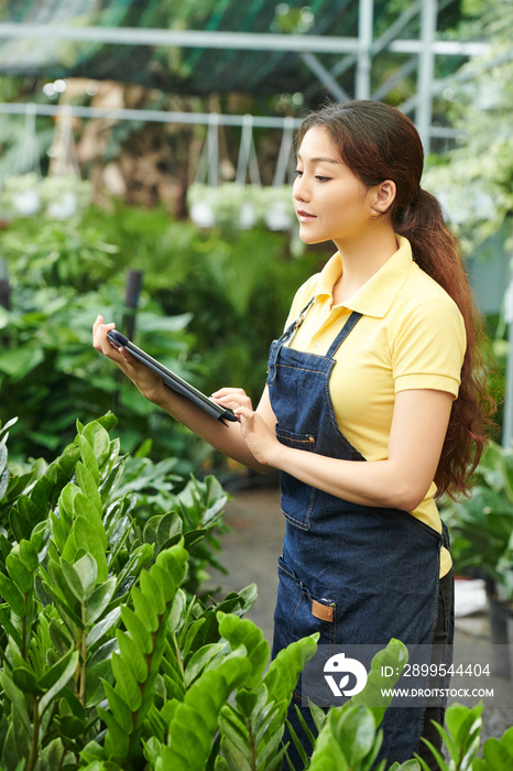 Pretty young woman working at gardening center, she is checking online orders on digital tablet