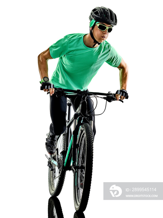 one caucasian man practicing man mountain bike bking isolated on white background with shadows