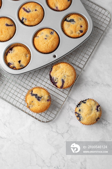 Blueberry Muffins in a Silver Muffin Tin on Wire Rack on a White and Gray Marble Countertop